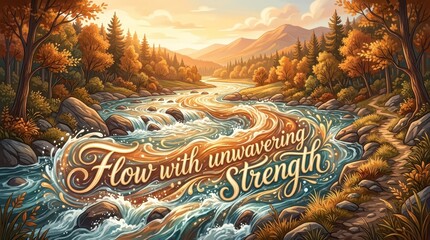Fototapeta premium Vibrant autumn river with flowing water and inspirational text 'Flow with unwavering Strength' amidst trees and mountains at sunset