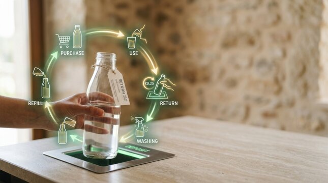 Hand returning beautiful reusable glass bottle into deposit return system with simple return tag for recycling