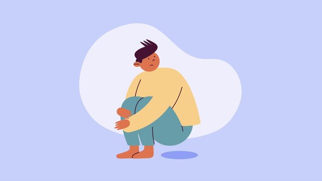 Sadness man sitting on floor motion graphic, young male character feeling depression, mental health problems and anxiety, unhappy person in despair animation.