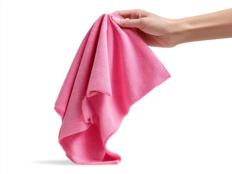 Female hand holding clean pink microfiber cleaning cloth isolated on white background, house cleaning equipment, household microfiber rag, surface wiping rag, laundry hygiene concept