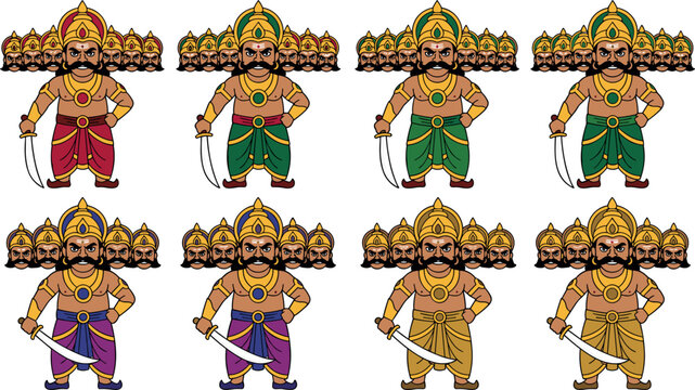 Traditional Indian Demon King Ravana Vector Character Set with Ten Heads Holding Sword for Dussehra and Ramayana Hindu Mythology Graphic Designs