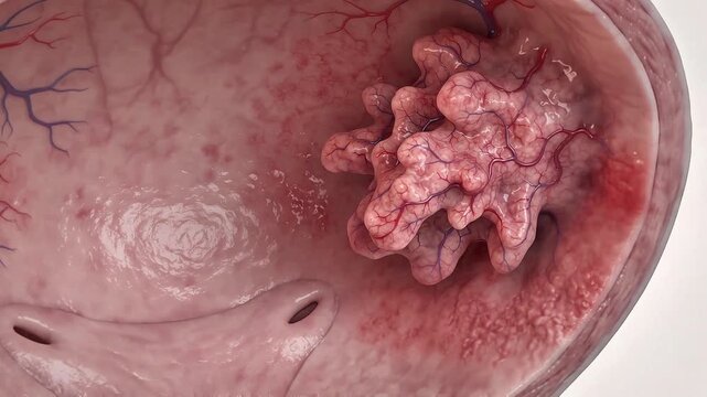 3D medical illustration of a human bladder cross-section featuring an internal tumor growth representing bladder cancer.