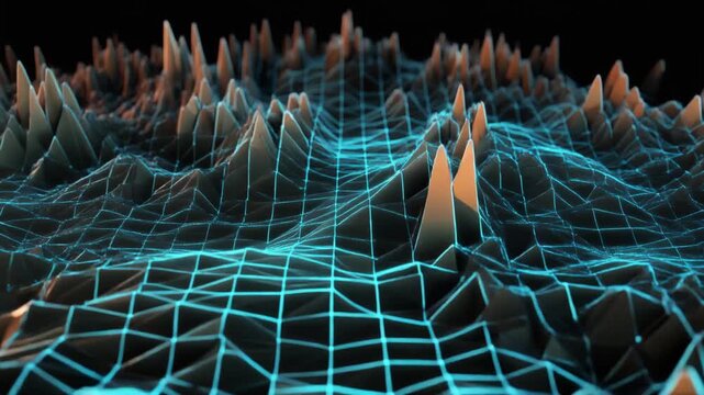 Digital blue wireframe mesh terrain with glowing peaks against black background