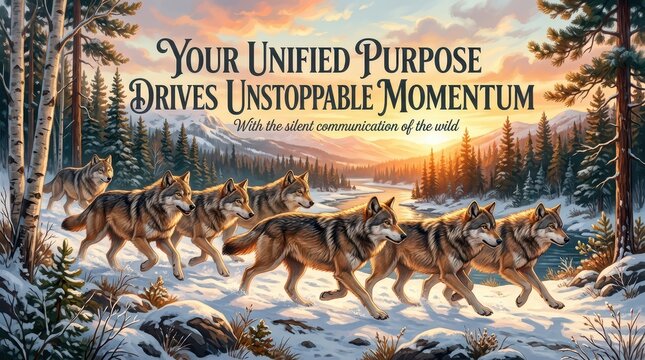 Wolf pack running through a snowy forest at sunset with inspirational text overlay about unified purpose and momentum