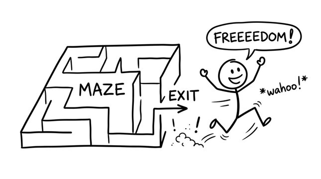 Stick figure running out of maze towards freedom.