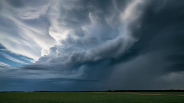 Dramatic storm clouds swirl ominously over a lush green field under a partly blue sky