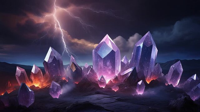 Mystical Amethyst Crystals Emitting Purple Glow Under Stormy Skies With Lightning