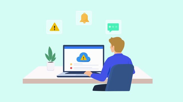 Modern flat vector animation showing a person working on a laptop with a cybersecurity warning interface and floating alert, notification, and chat icons, representing digital security and online prot