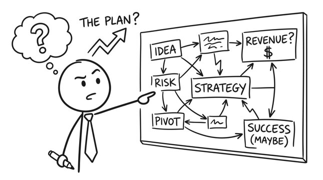 Stick figure pointing at complex business strategy flow chart.