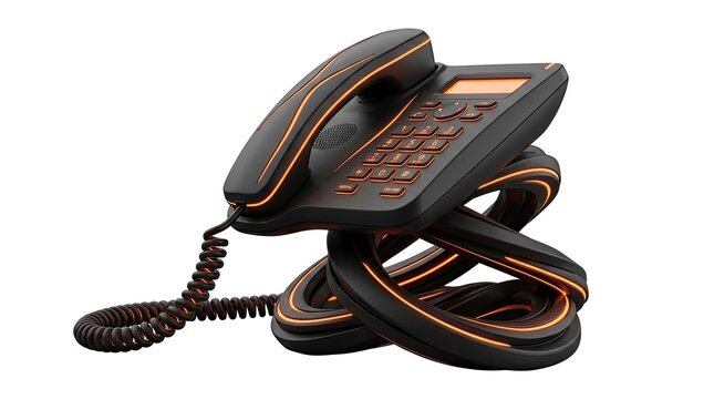 Futuristic Black Telephone with Orange Neon Accents, Twisted Cord