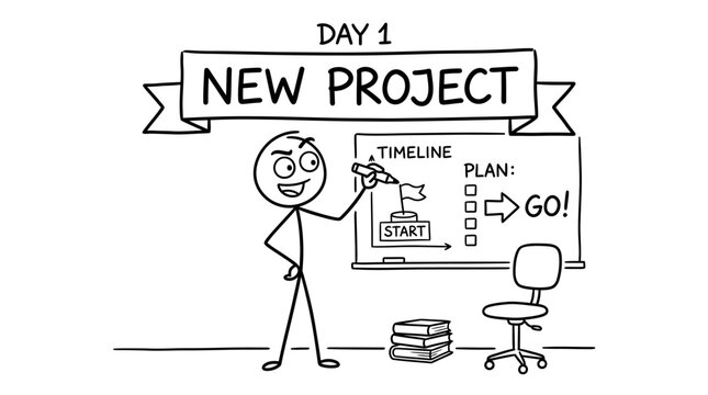 Stick figure presenting new project plan on whiteboard.