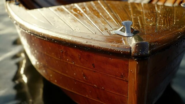 Close-up of a Polished Wooden Boat Hull with Water Droplets in Golden Light
