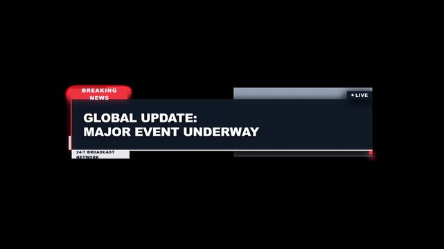 Breaking news broadcast graphic with lower third banner and global update text on black background