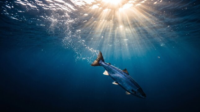 Stunning underwater view of a salmon swimming towards the sunlight surface for fishing wallpaper.