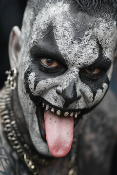 people of ai, black metal fan showing pink tongue, photorealistic