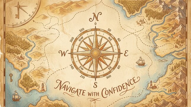 Vintage Treasure Map with Compass Rose, Sailing Ships, and Inspirational Text 'Navigate with Confidence' for Adventure and Discovery