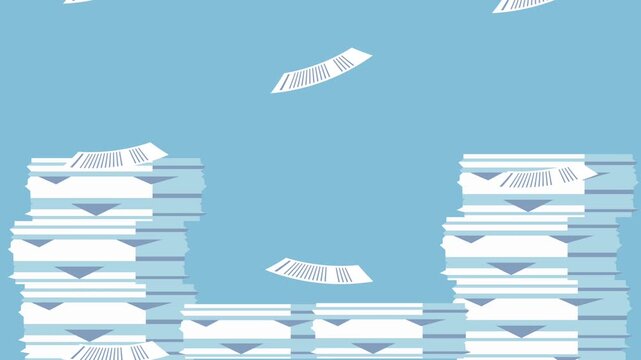 Documents flying from stacks of paper, office work concept, animated motion graphics.