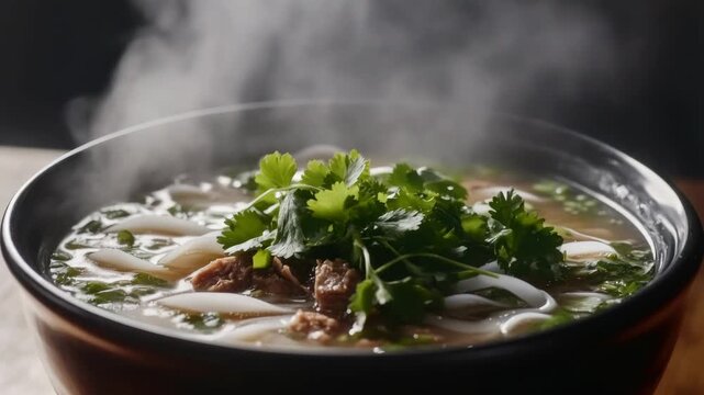 Close-up of Steaming Ramen Soup with Meat and Cilantro