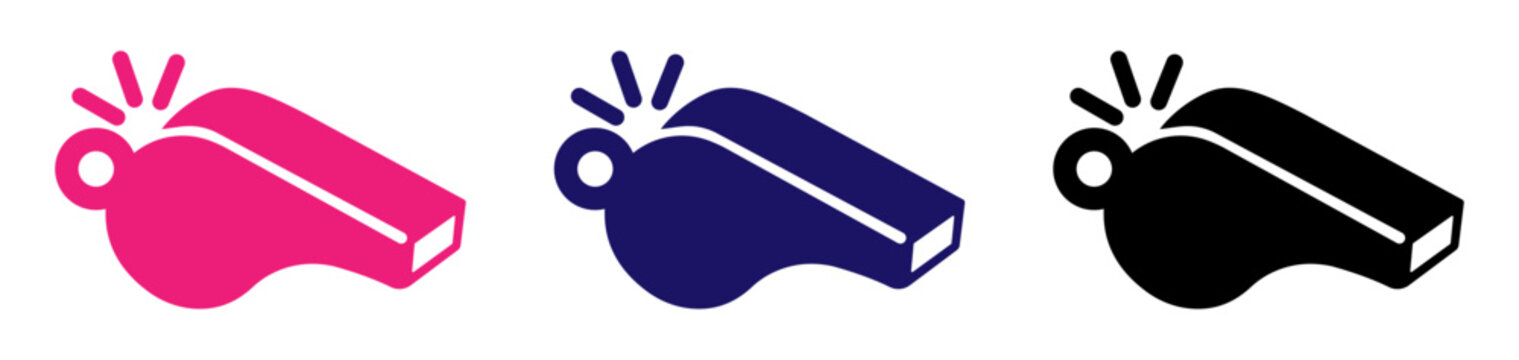 Colorful whistle icons for sports, referee signals, alerts, communication, sound and digital interface designs.
