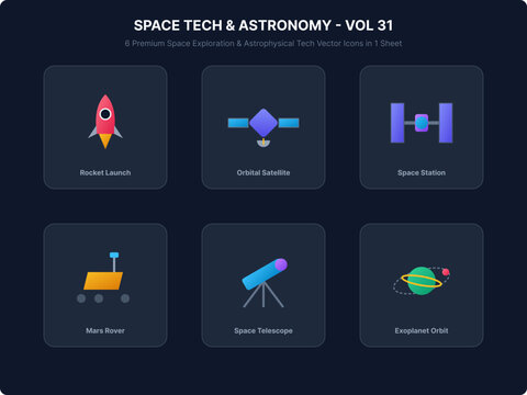 Space Technology and Astronomy Vector Icon Set