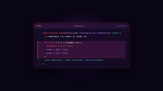 Dynamic display of a coding process, showcasing a cosine similarity function being written in a dark-themed IDE with neon purple and pink syntax highlighting.