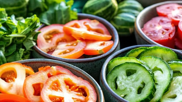 Slices of Fresh Tomato and Cucumber in Rustic Bowls