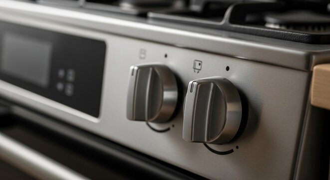 Close-up view of silver control knobs on a modern stainless steel kitchen stove appliance