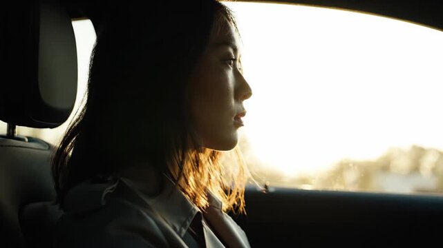 Woman in car backlit profile looking out window during golden hour with rim light and shallow depth of field