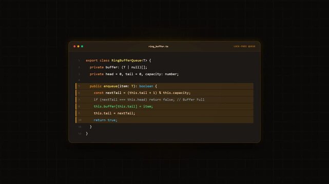 A glowing code editor window showcases a TypeScript implementation of a RingBufferQueue, with a soft light pulsing against a dark, minimalist background.
