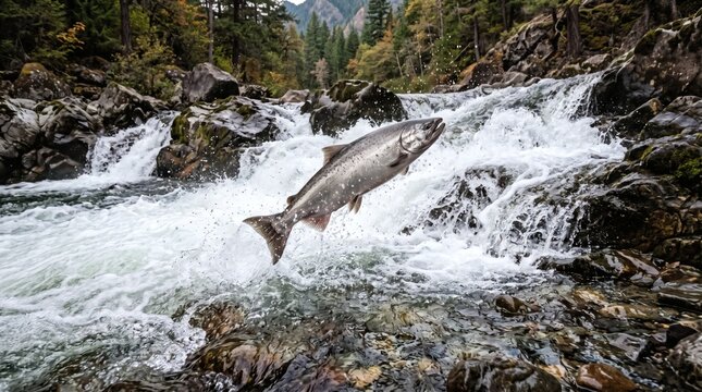 Wild salmon jumping upstream in a rushing mountain river for fishing wallpaper background.