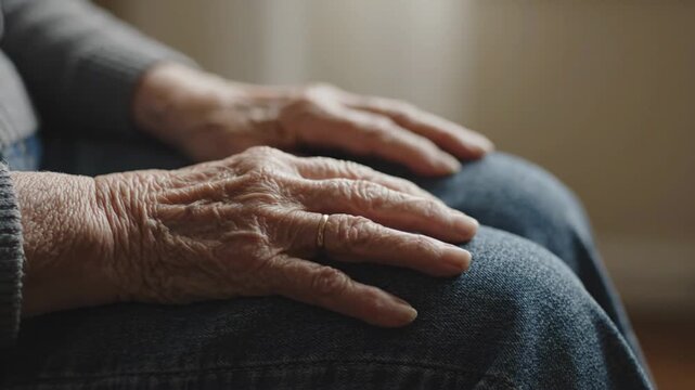 Elderly hands resting on lap in warm indoor close up