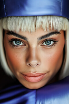 people of ai, closeup blonde woman with blue eyes and purple cap, photorealistic