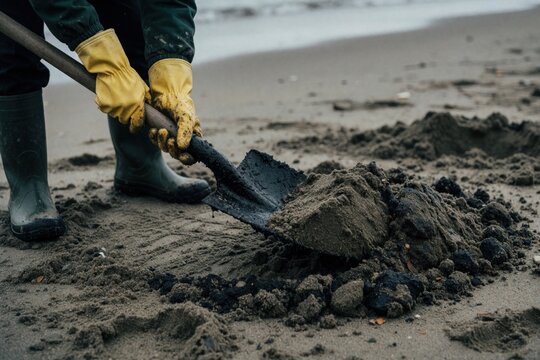 Volunteer hands use shovel to remove black oil from sandy beach. Person wears yellow gloves, boots for safety during cleanup. Environmental disaster cleanup effort protects coastal ecosystem, marine