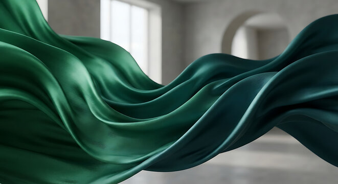 Flowing green silk and satin fabric waves in a minimalist room