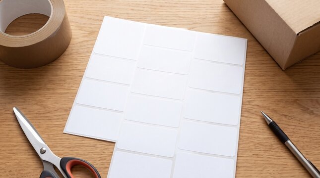 Blank mailing labels on a wooden desk with scissors, tape, and packaging box in the background, ready for organization and labeling tasks