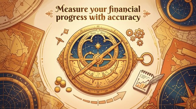 Vintage astrolabe and compass symbolizing financial progress, accuracy, and navigation of wealth, with maps and charts.