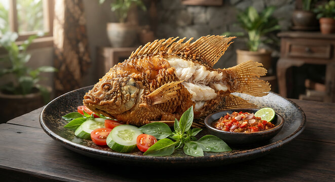Gurame Goreng, traditional Indonesian crispy fried gourami fish served with sambal and fresh vegetables