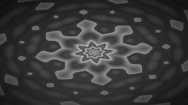 Black and white abstract star pattern with radiating ripples and floating dark shapes
