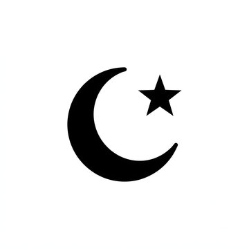 Crescent moon with star symbol isolated on white background as simple flat black vector icon