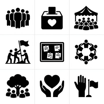 Diverse set of solid black business and community concept icons arranged in a clean grid layout