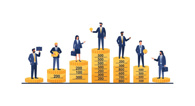 Business professionals standing on coin stacks for financial growth and income comparison illustration.