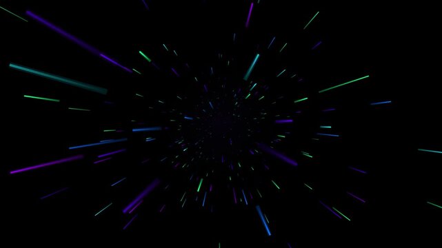 Colorful neon light beams radiating warp speed hyperspace tunnel space background