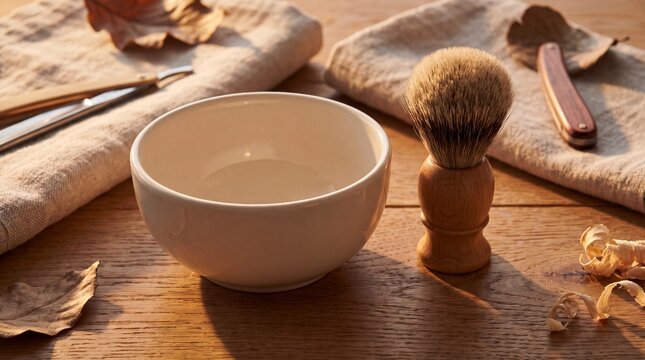 A minimalist shaving soap bowl paired with a brush on a wooden surface, surrounded by natural elements such as leaves and tools