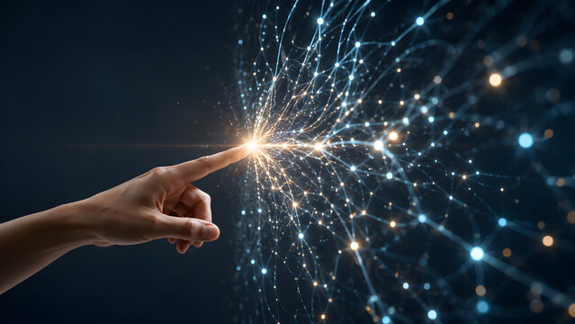 Human index finger touching glowing points on digital network interface representing abstract data connectivity communication and global interconnected technology web