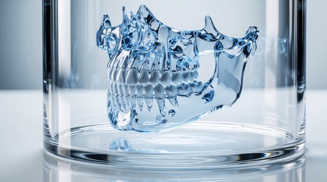 Transparent blue human jaw model with teeth rests inside clear glass cylinder. This dental anatomy visual represents medical science and dentistry research or education for future care.