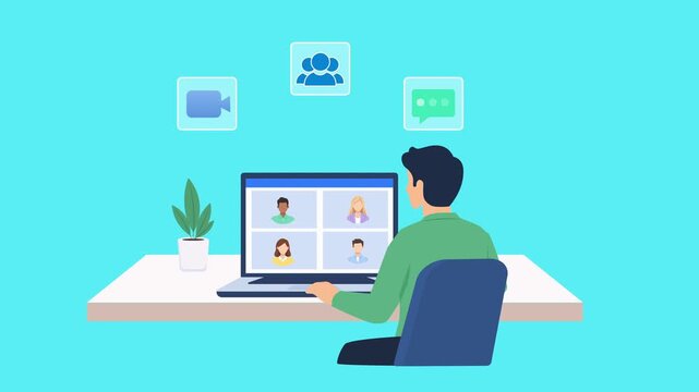 Modern flat vector animation showing a person working on a laptop with a virtual team interface and floating communication icons, representing remote collaboration, teamwork, online meetings, and digi