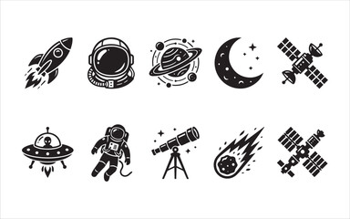 Set of hand drawn space elements including rocket astronaut helmet planet moon satellite ufo telescope and comet © MD ABDUL AJIJ