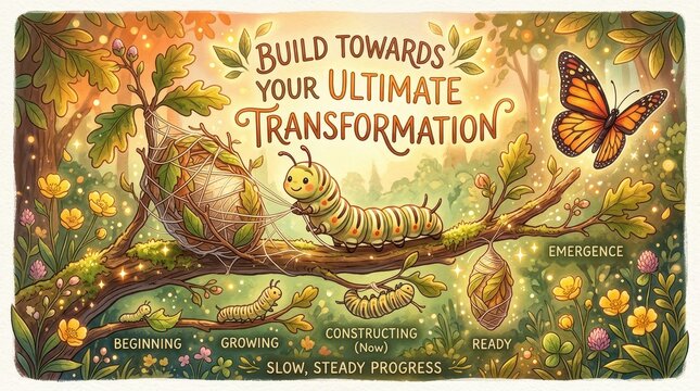 Whimsical illustration of a caterpillar building a cocoon, symbolizing transformation and growth, with a butterfly emerging in a magical forest settin
