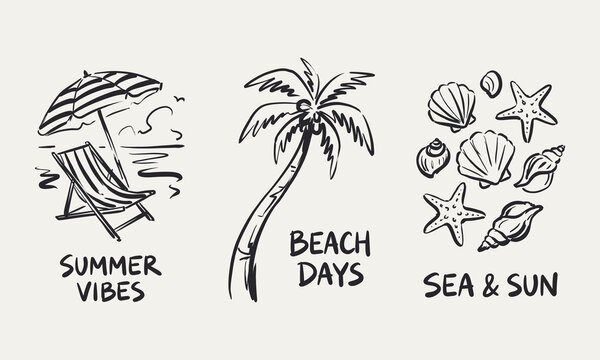 Hand drawn summer beach icons including palm tree seashells deck chair and umbrella ink sketches