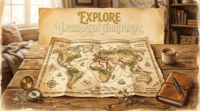 Vintage world map spread open on a rustic wooden table, complete with a compass, journal, pen, and a cup of coffee.